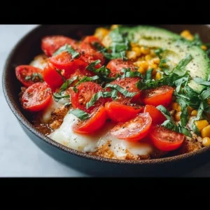 Caprese Chicken Skillet with basil, tomatoes, and mozzarella cheese in a skillet