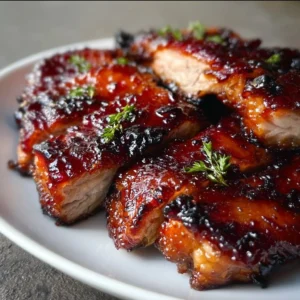 Delicious Char Siu Chicken garnished with herbs on a plate