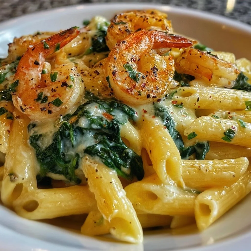 Cheese Shrimp Penne Pasta with Spinach served on a white plate