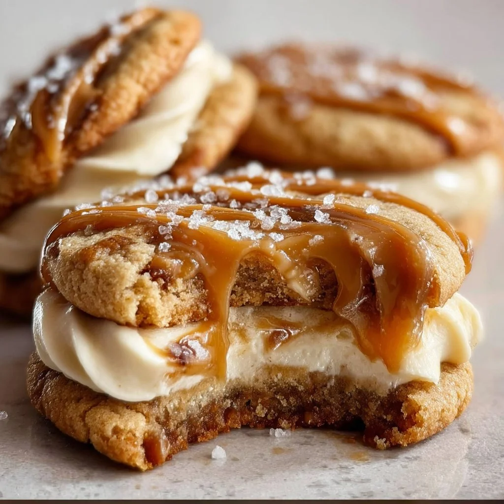 Cheesecake stuffed caramel cookies, a delicious dessert treat.