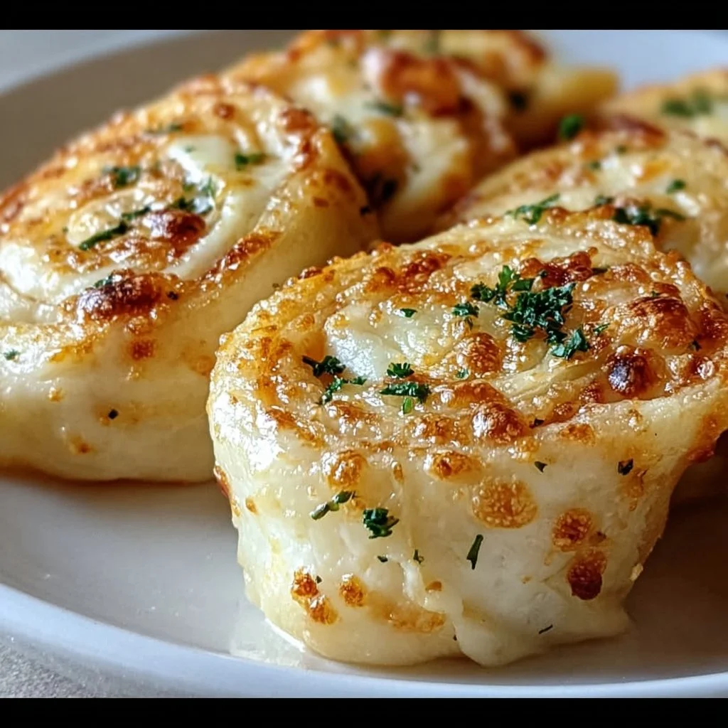 Cheesy garlic butter rollups served on a plate, garnished with fresh herbs
