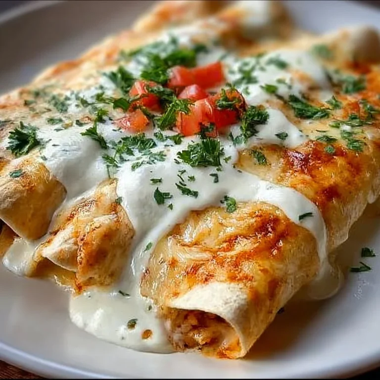 Delicious Chicken Enchiladas topped with sour cream white sauce