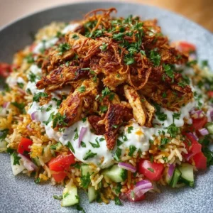 Chicken Shawarma Crispy Rice Salad served in a bowl, garnished with vegetables.