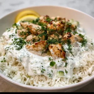 A plate of Chicken Tzatziki with Rice garnished with fresh herbs and vegetables