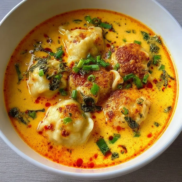 Delicious bowl of coconut curry soup with dumplings, herbs, and spices.