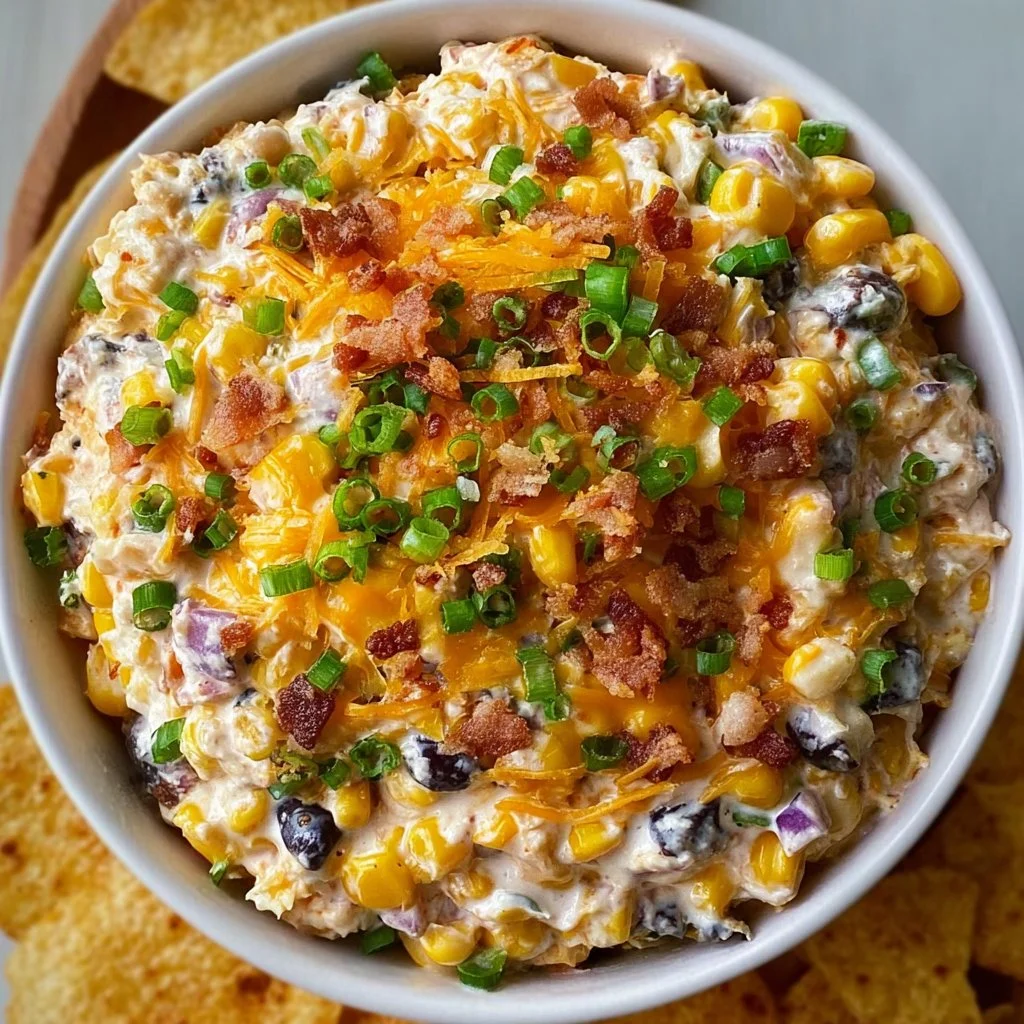 Delicious Cowboy Corn Dip served in a bowl with tortilla chips