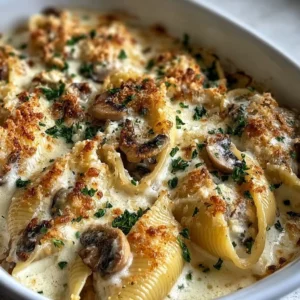 Creamy garlic mushroom stuffed shells topped with cheese and herbs