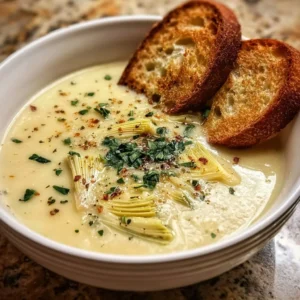 Bowl of creamy lemony Tuscan artichoke soup garnished with herbs