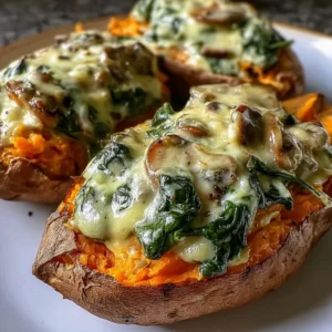 Creamy mushroom and spinach stuffed sweet potatoes on a plate