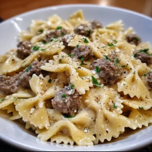 Creamy Parmesan Garlic Beef Bowtie Pasta served in a bowl