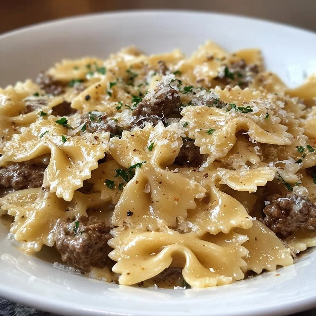 Creamy Parmesan Garlic Beef Bowtie Pasta Awaits You!