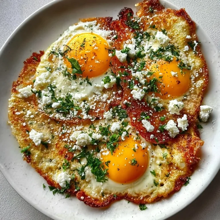 Plate of Crispy Feta Fried Eggs garnished with herbs
