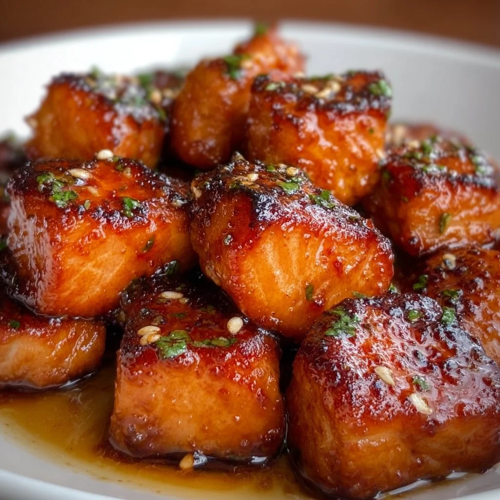 Crispy honey garlic salmon bites served on a plate with garnish