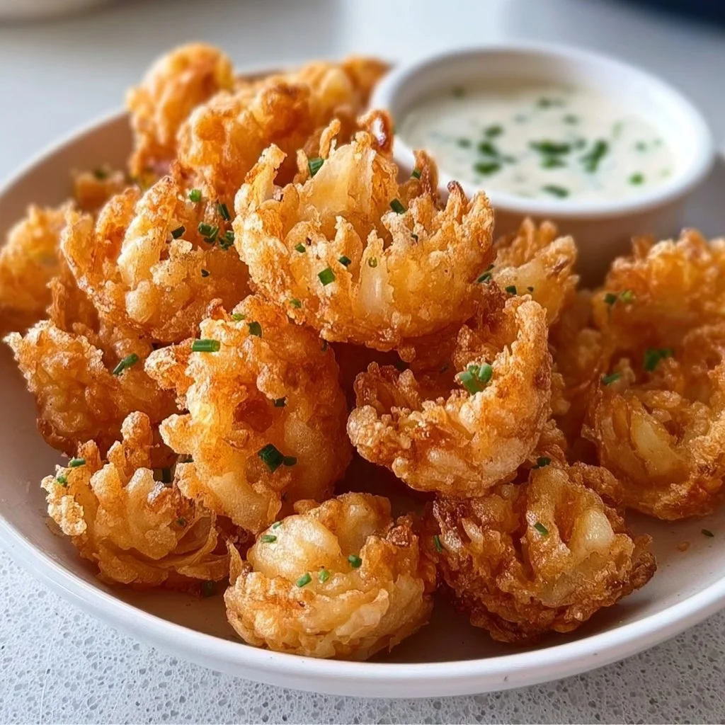 Crispy mini bloomin' onions with buttermilk ranch dip served on a plate.