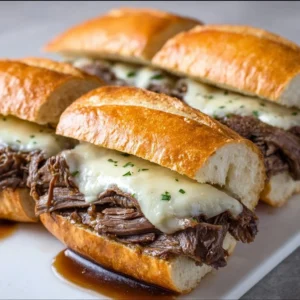 Delicious Crockpot French Dip Sandwiches served on a platter with dipping sauce.