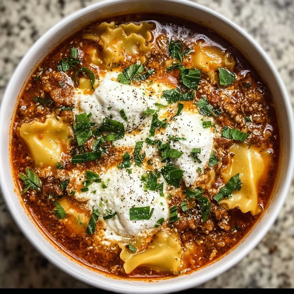 Crockpot lasagna soup in a bowl topped with cheese and herbs.