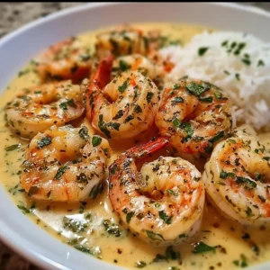 Delicious easy creamy garlic shrimp served on a plate with herbs