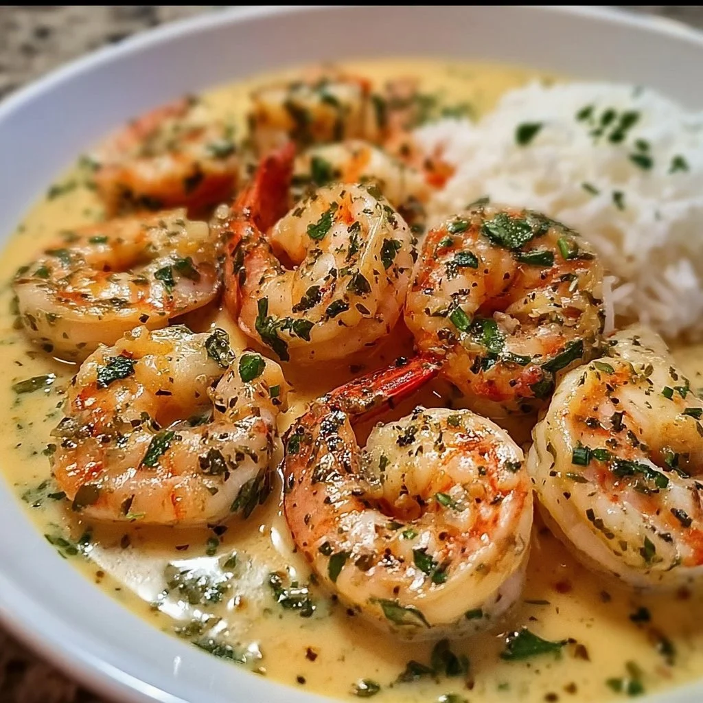 Delicious easy creamy garlic shrimp served on a plate with herbs