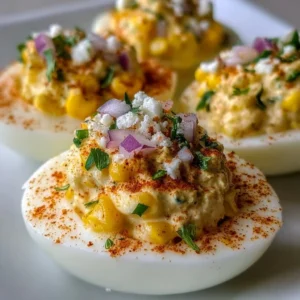 Colorful plate of elote deviled eggs garnished with cilantro and chili powder.
