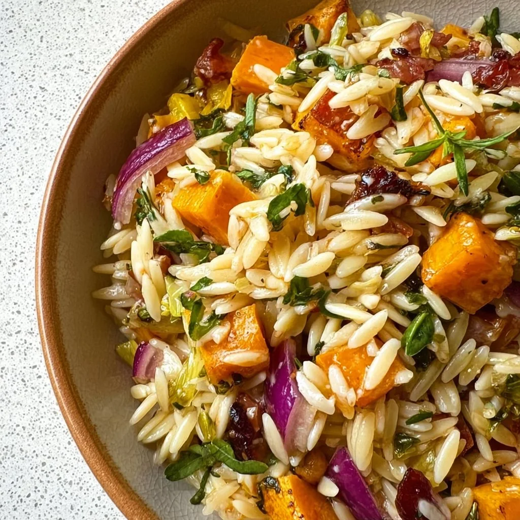 Fall Harvest Orzo Salad with seasonal vegetables and dressing