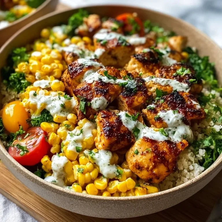 Colorful chicken bowls with street corn and fresh vegetables