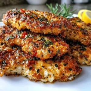 Delicious Mediterranean Chicken Tenders served on a plate with herbs.