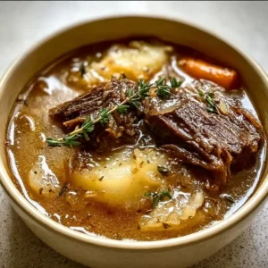 Bowl of French Onion Beef Short Rib Soup garnished with herbs