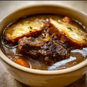 Delicious French Onion Beef Short Rib Soup garnished with herbs in a rustic bowl.