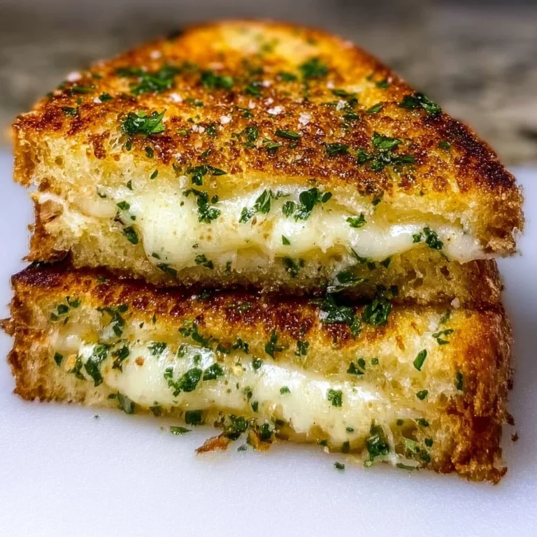 Delicious garlic bread grilled cheese sandwich with melted cheese and crispy crust