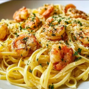 Plate of Garlic Butter Shrimp Pasta with shrimp, garlic sauce, and herbs