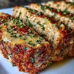 Garlic Parmesan Chicken Meatloaf garnished with parsley on a serving plate.
