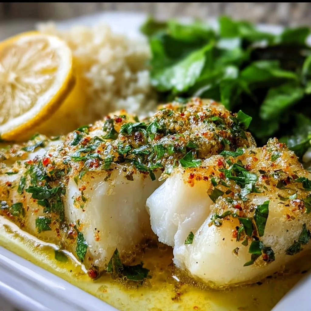 Gluten-free Mediterranean Baked Cod with lemon and garlic on a plate