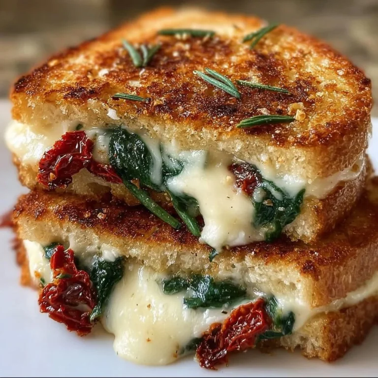 Gourmet grilled cheese sandwich with sun-dried tomatoes and spinach