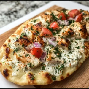 Greek Chicken Flatbread topped with fresh vegetables and herbs