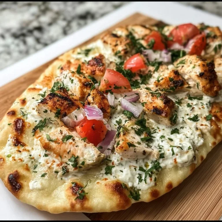 Greek Chicken Flatbread topped with fresh vegetables and herbs