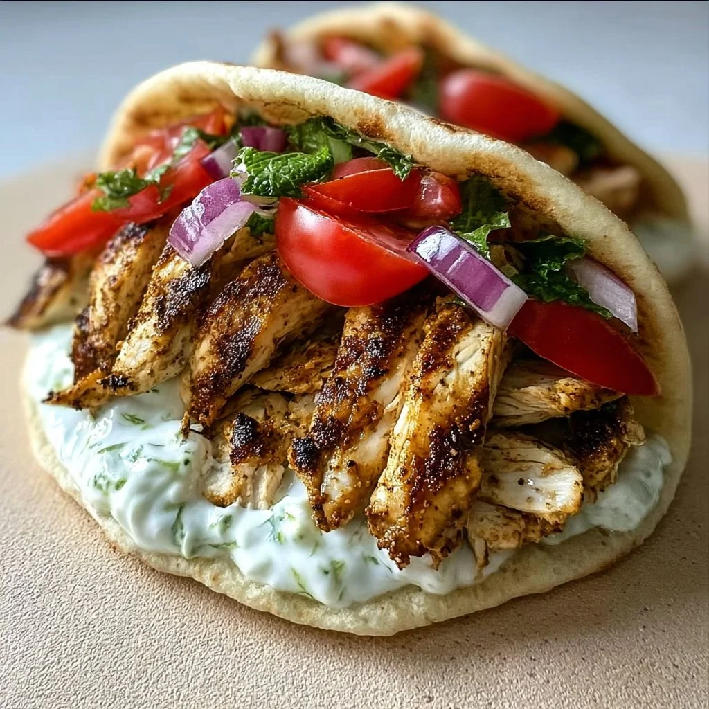 Delicious Greek Chicken Gyros served with fresh vegetables and tzatziki sauce