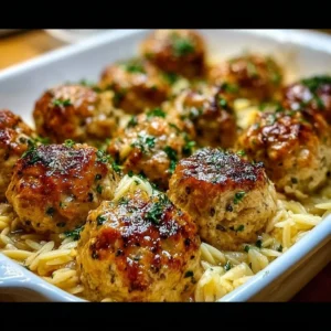 Delicious Greek Chicken Meatballs with Lemon Orzo served on a plate