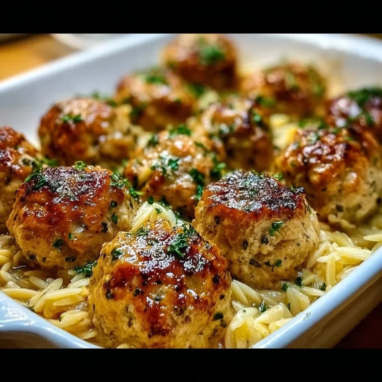Delicious Greek Chicken Meatballs with Lemon Orzo served on a plate