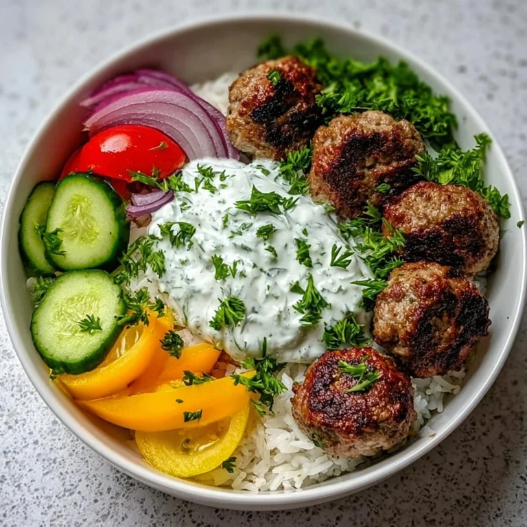 Greek Meatball Bowl with tzatziki sauce, rice, and fresh vegetables