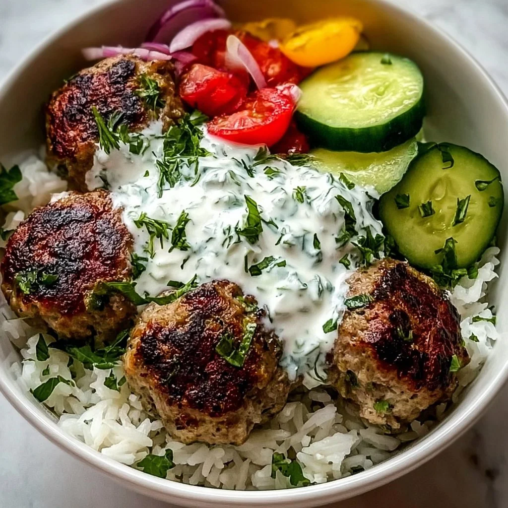 Greek Meatball Bowl with Tzatziki, Rice & Fresh Veggies