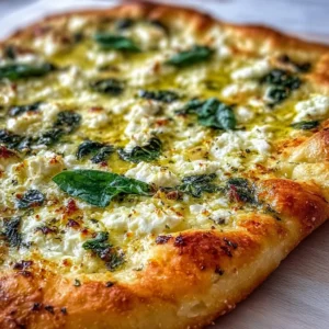 Greek Roasted Garlic Spinach White Pizza topped with fresh spinach and garlic