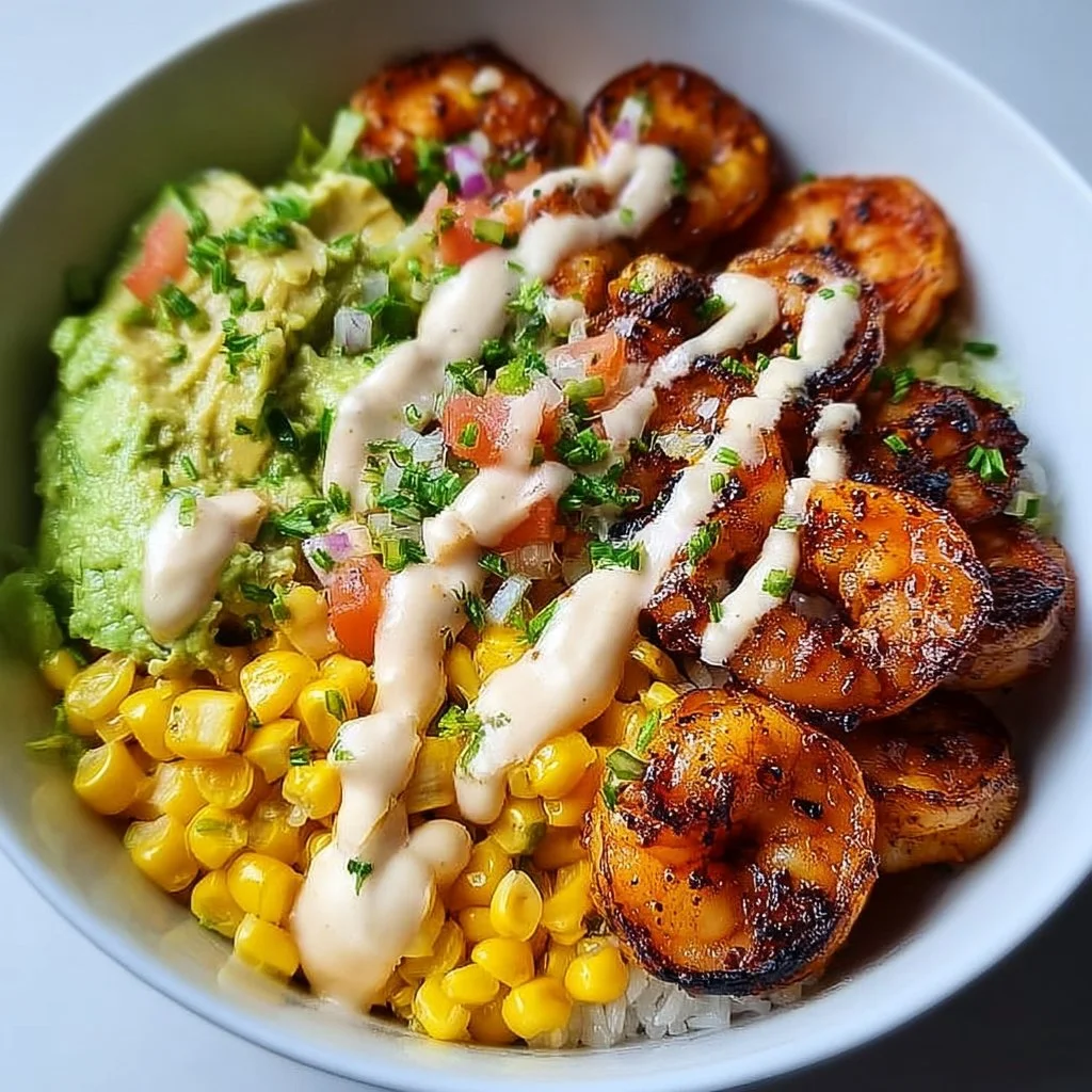 Grilled shrimp bowl with avocado, corn salsa, and creamy garlic sauce