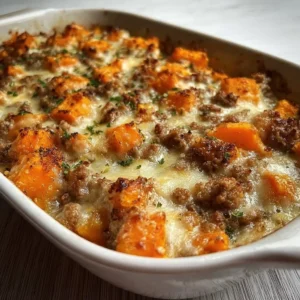 Ground Turkey Sweet Potato Bake topped with herbs and spices in a baking dish.