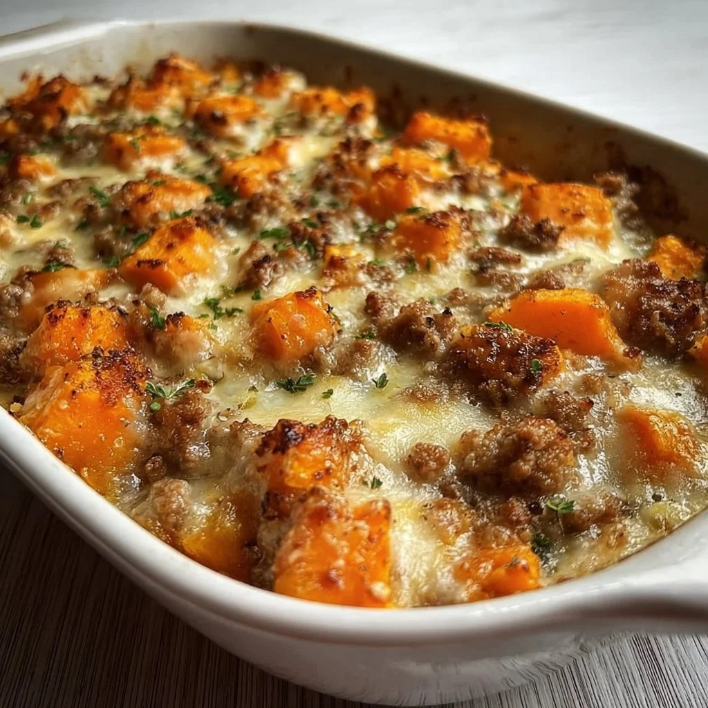 Ground Turkey Sweet Potato Bake topped with herbs and spices in a baking dish.