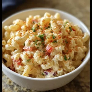 Guy Fieri's macaroni salad served in a bowl, a colorful and delicious dish.