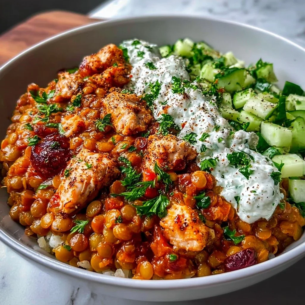 Bowl of hearty lentil ragu served with fresh herbs and crusty bread
