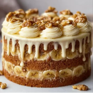 Slice of Heavenly Banana Walnut Cream Cake topped with walnuts and cream