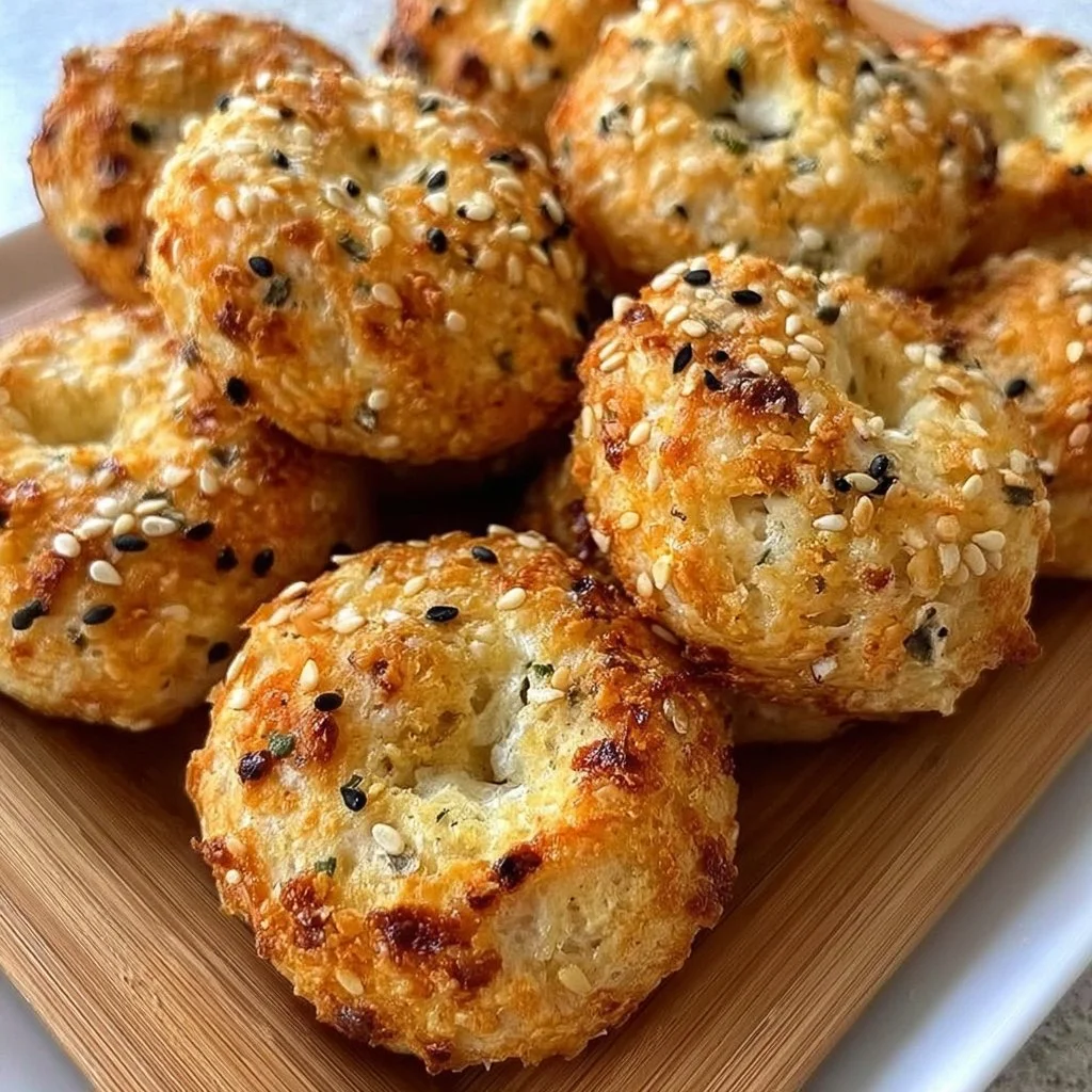 High-Protein Bagel Bites served on a wooden platter with garnish.