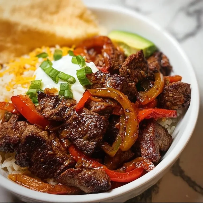 High-protein, low-carb steak fajita bowl with colorful vegetables and spices
