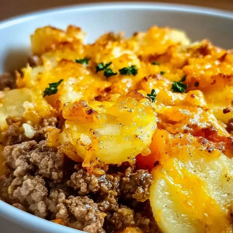 Delicious Hobo Casserole made with ground beef and vegetables in a baking dish